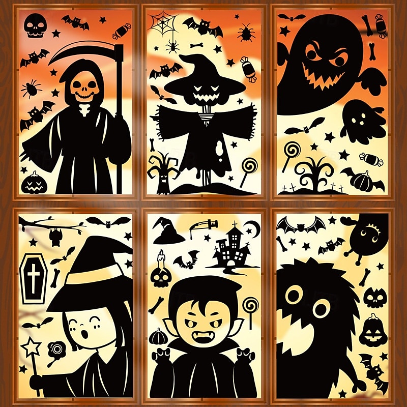 6 listů halloweenských samolepek na okna, dekorace s oboustrannými obtisky, dýňová kostra, statické samolepky na sklo, výlohy a halloweenské párty potřeby. 2025 - $6.99 –P1