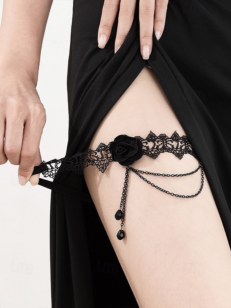 Liga elástica de encaje gótico con rosas para mujer, con cadenas y cuentas, joyería elástica vintage para muslos, ideal para fiestas de Halloween y cosplay. 2025 - $9.99 –P4
