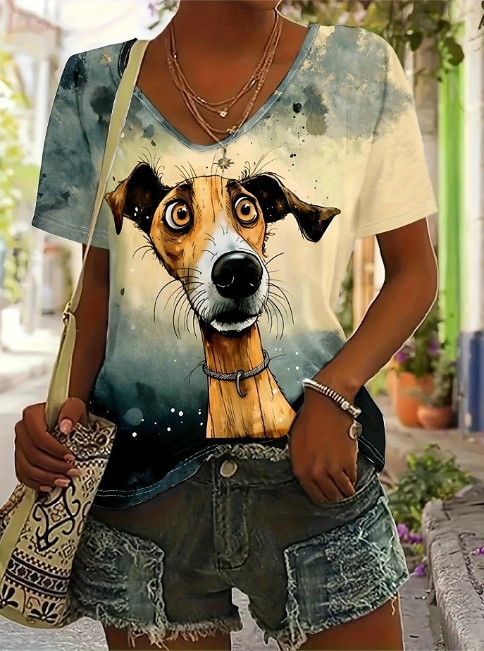 Femmes T-shirt Graphique Animal Chien ancien Élégant Classique Manche Courte Col en V Hauts Réguliers Quotidien Sortir Week-end Imprimé Blanche Jaune Blanc Ecru Été Printemps de 2025 ? $19.99 –P1