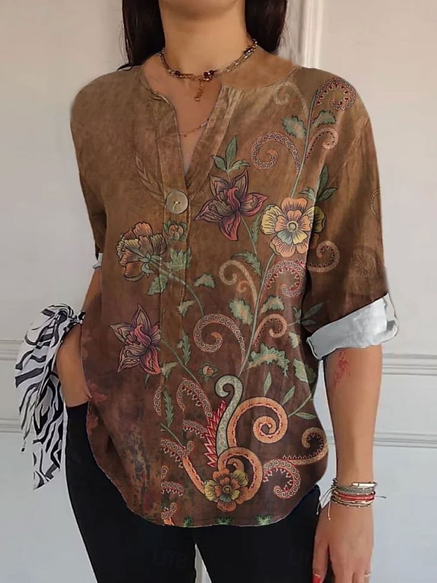 Damskie Bluzka Kwiaty Graficzny Zabytkowe Codzienny Elegancki Rękaw 3/4 W serek Zwykłe topy Codzienny Święto Ubrania wakacyjne Nadruk Rumiany róż Brązowy Zielony Lato Wiosna 2025 - $29.99 –P3