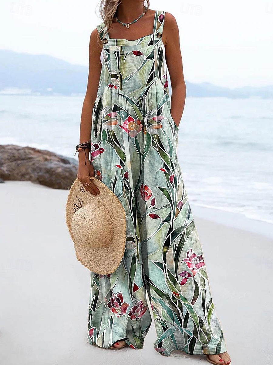Dam Jumpsuits Aktiv Blommig Ärmlös Brett skaft Semester Gata Lös passning Gul Rodnande Rosa Rubinrött Sommar 2025 - $39.99 –P2
