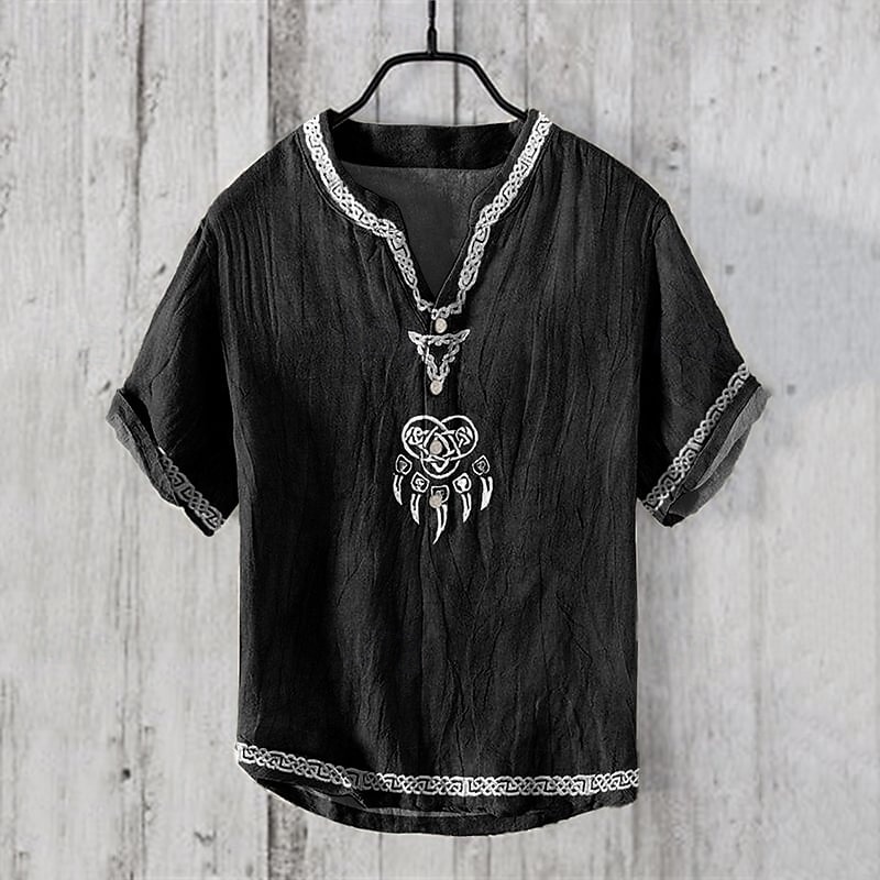 Herren Hemd Leinenhemd Popover-Hemd Freizeithemd Baumwollhemd Wikinger Urlaub Hawaiianisch Schwarz Kurzarm V Ausschnitt Sommer Frühling Bekleidung Druck 2025 - $17.99 –P1