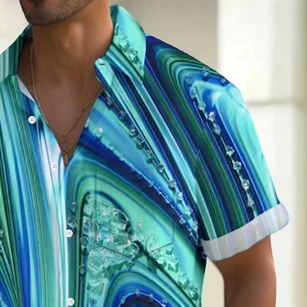 Herren Geometrisch Abstrakte Kunst Hemd Sommerhemd Knopfhemd Kurzarm Modisch lässig Outdoor Urlaub Alltagskleidung Sommer Frühling Umlegekragen 3D-Druck Hemden mit Kragen Eine Tasche vorne Blau 2025 - $23.99 –P2