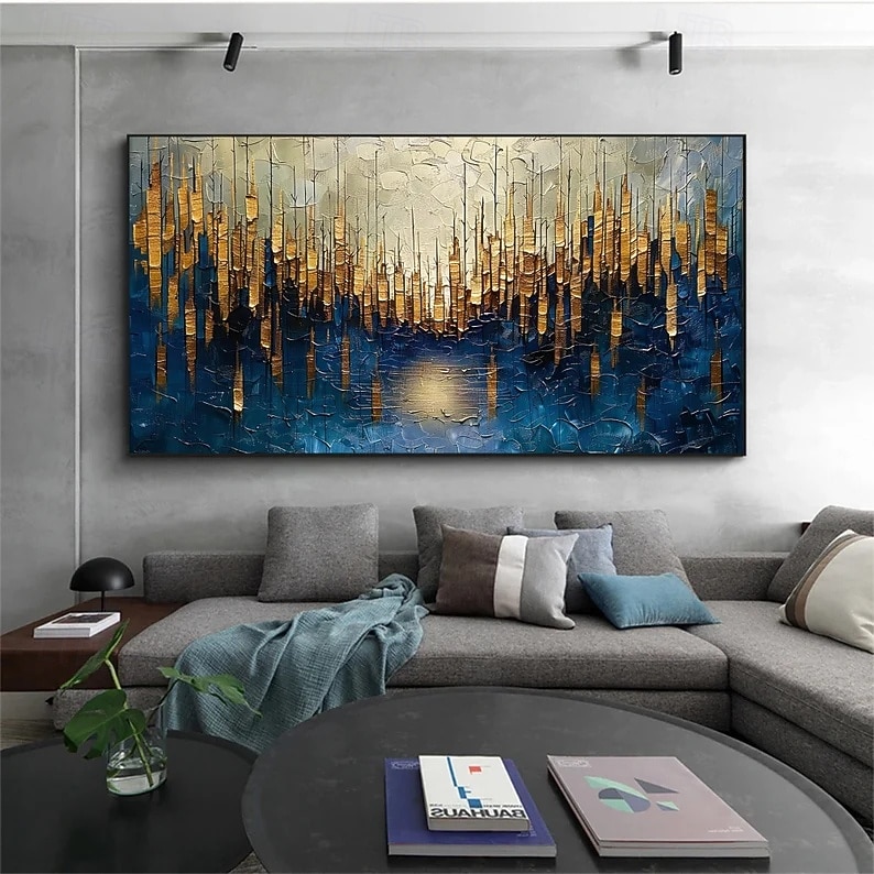 Gran pintura al óleo original dorada sobre lienzo, arte de pared abstracto minimalista con textura azul, pintura personalizada, decoración de pared bohemia, decoración de pared de sala de estar 2025 - $58.99 –P8