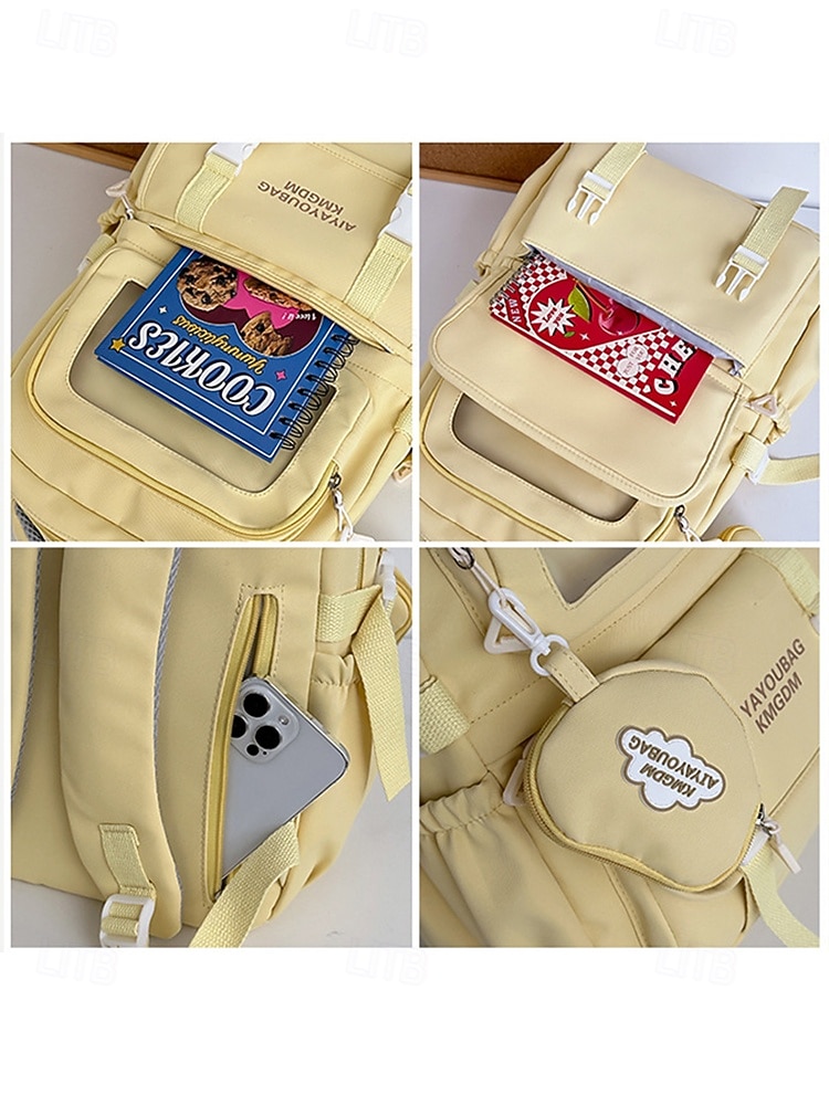 dziewczęcy plecak szkolny w kolorze makaroników - wodoodporny, o dużej pojemności, z ozdobnymi szpilkami, brelokiem w kształcie pluszowego misia i wieloma kieszeniami, odpowiedni dla nastoletnich uczennic i do codziennego użytku na uczelni 2026 - $34.99 –P11