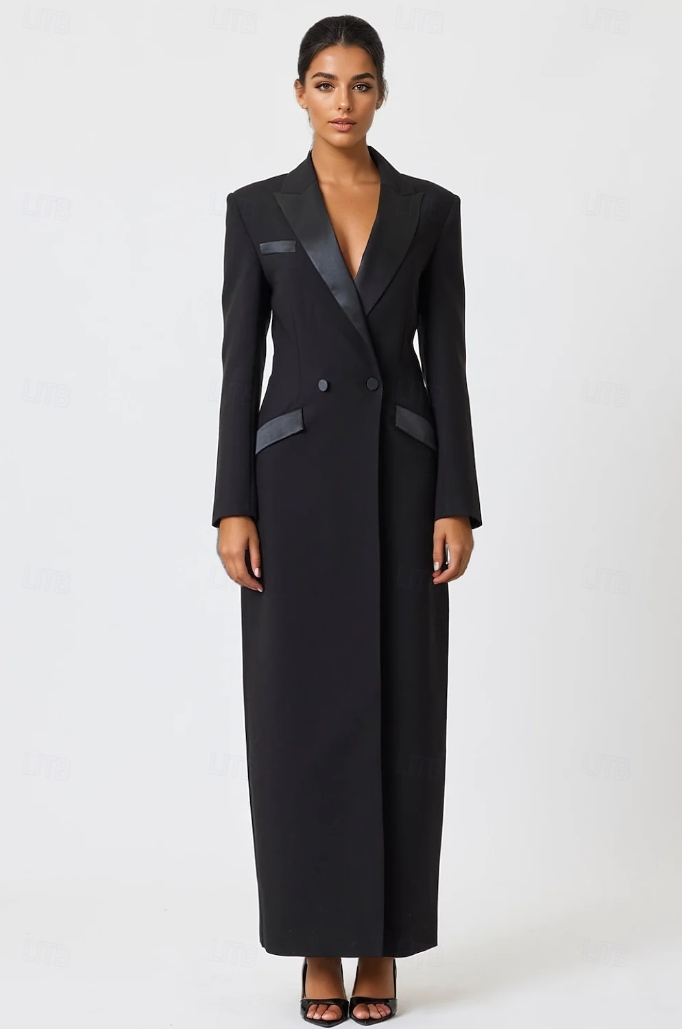 Black Tie Blazer Smoking Säulen Kleid Mutter der Braut Elegantes Hoher Schlitz Hemdkragen Bodenlänge Lange Ärmel mit 2025 - $149.99 –P3