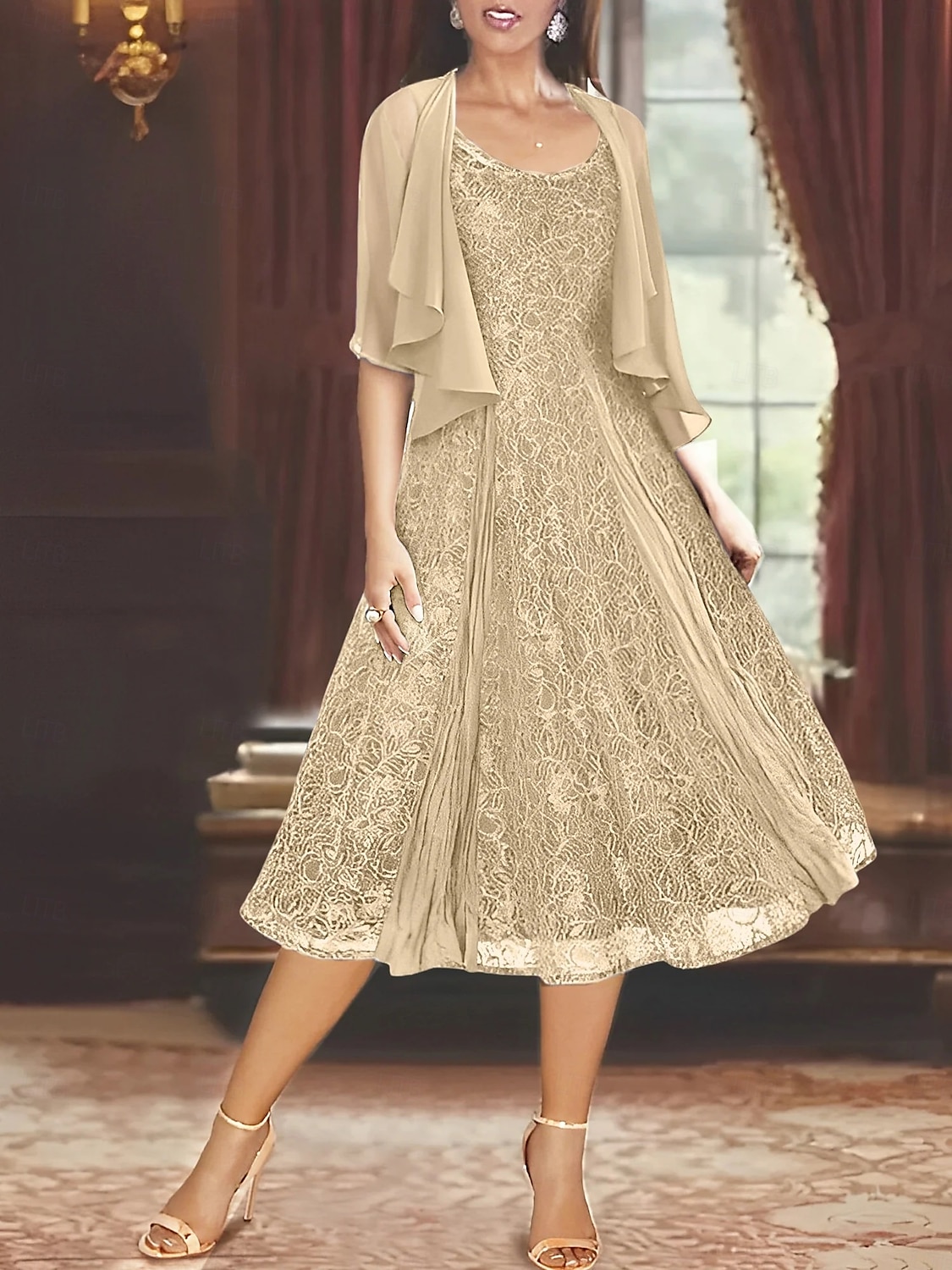 Zweiteiliges A-Linie Mutter der Braut Kleid Elegantes Einfaches Lässiges Bootsausschnitt Knöchellang Chiffon Lange Ärmel mit Spitzenrüschen 2025 - $129.99 –P7