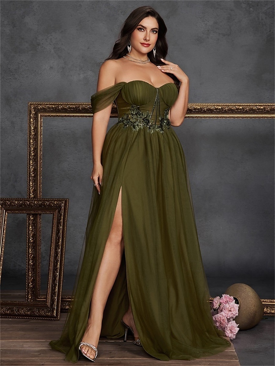 Vestidos A-Line Plus Size Vestido Curvo Elegante Formal Casamento Comprimento do Chão Sem Mangas Ombro Descido Chiffon Costas à Mostra com Fenda 2025 de 2025 por $129.99 –P6