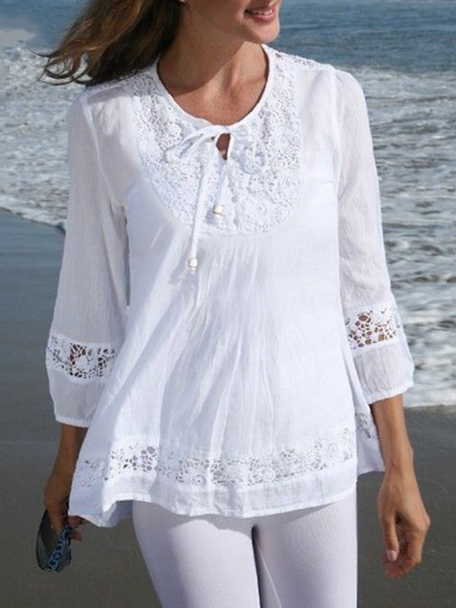 Femmes Chemises en coton et lin Couleur Unie Élégant Occasionnel Manche 3/4 Col en V Hauts Réguliers Quotidien Dentelle Patchwork Noir Blanche Vin bleu marine Été Printemps de 2025 ? $19.99 –P2