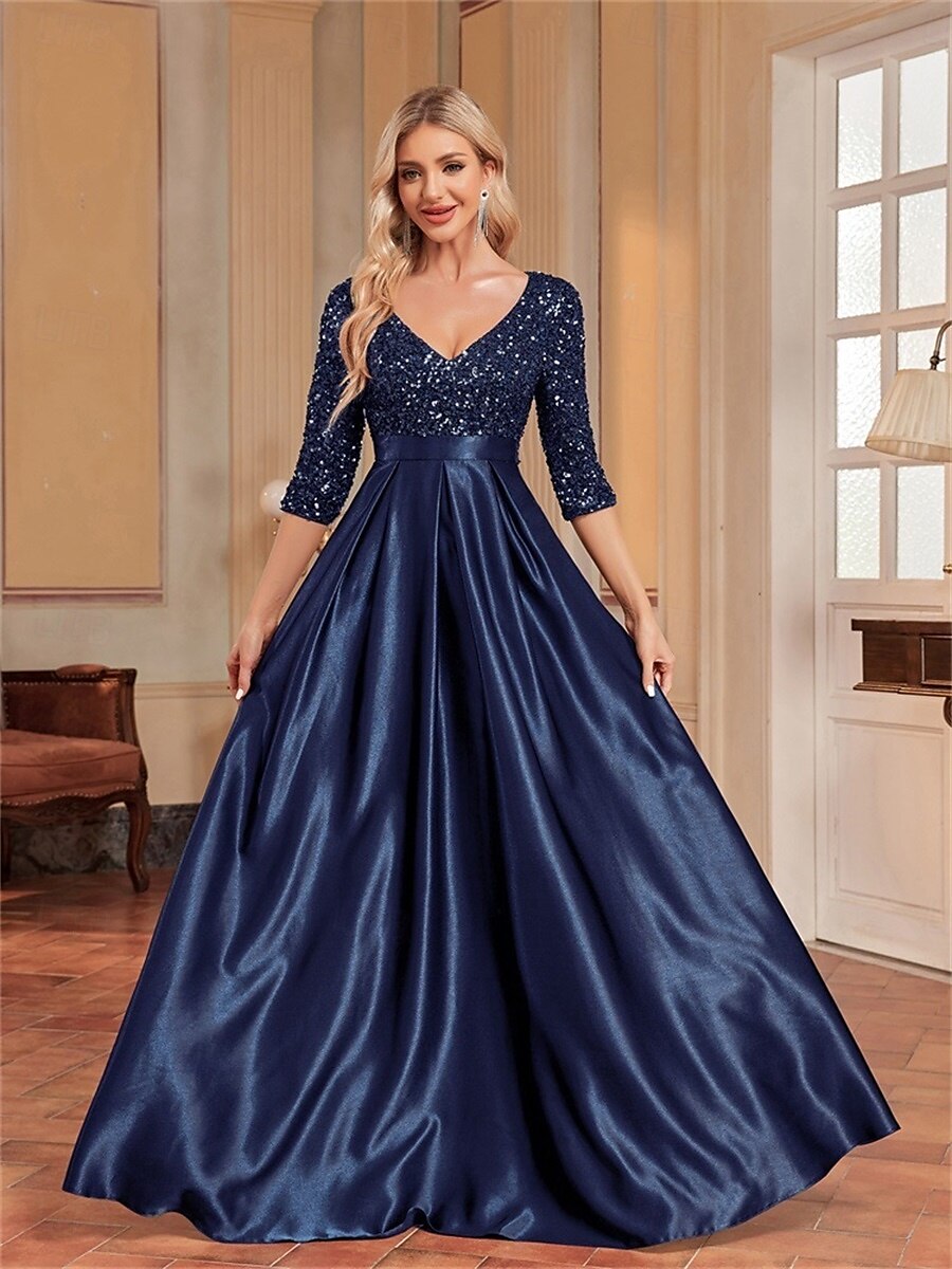 A-Line Quinceanera Dresses Elegant Dress Formal Wedding Floor Length Long Sleeve V Neck Polyester with Sequin 2025 - $99.99 –P15