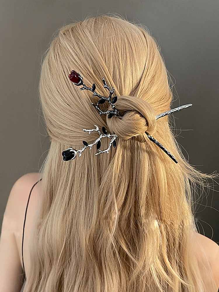 2025年 女性用ゴシックローズヘアピンヴィンテージ合金ヘアピンセット、レトロな枝デザインのヘアアクセサリー、ハロウィンパーティーやコスプレに最適  コレクション – $7.99 –P1