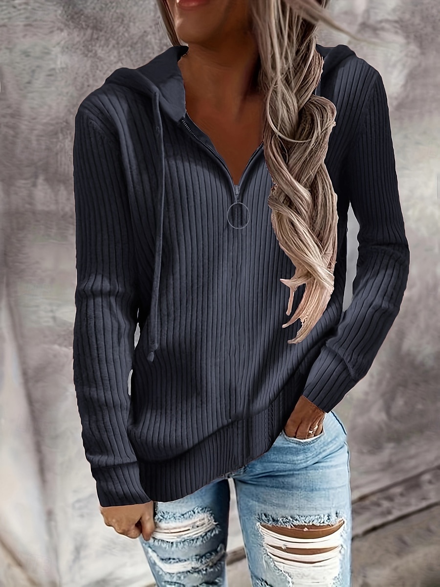 Pentru femei Pulover Casual Moale Culoare pură Striat Capișon Tricotat Manșon Lung Topuri obișnuite Tricotat În aer liber Zilnic Sfârșit de săptămână Negru Alb Toamnă Iarnă 2025 - $23.99 –P5