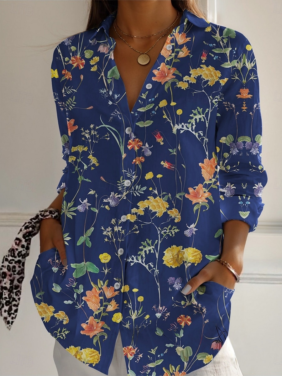 Dames Overhemd Bloemig Actief Dagelijks Stijlvol Lange mouw Overhemdkraag Normale tops Dagelijks Feestdagen Knop Afdrukken Wit Blozend Roze Marineblauw blauw Groen Lente Herfst 2025 - $25.99 –P5