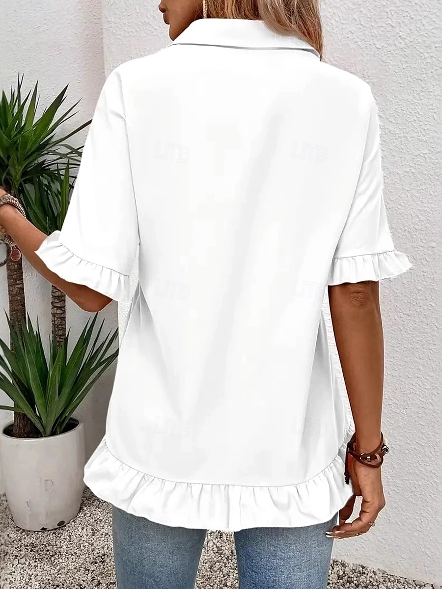 Dámská košile button down blůza jednobarevná jednoduchá stylová moderní volná košile s krátkým rukávem button down blůza límeček běžné vrchní díly do práce denní svátek volánky knoflíky bílá oranžová 2025 - $24.99 –P2