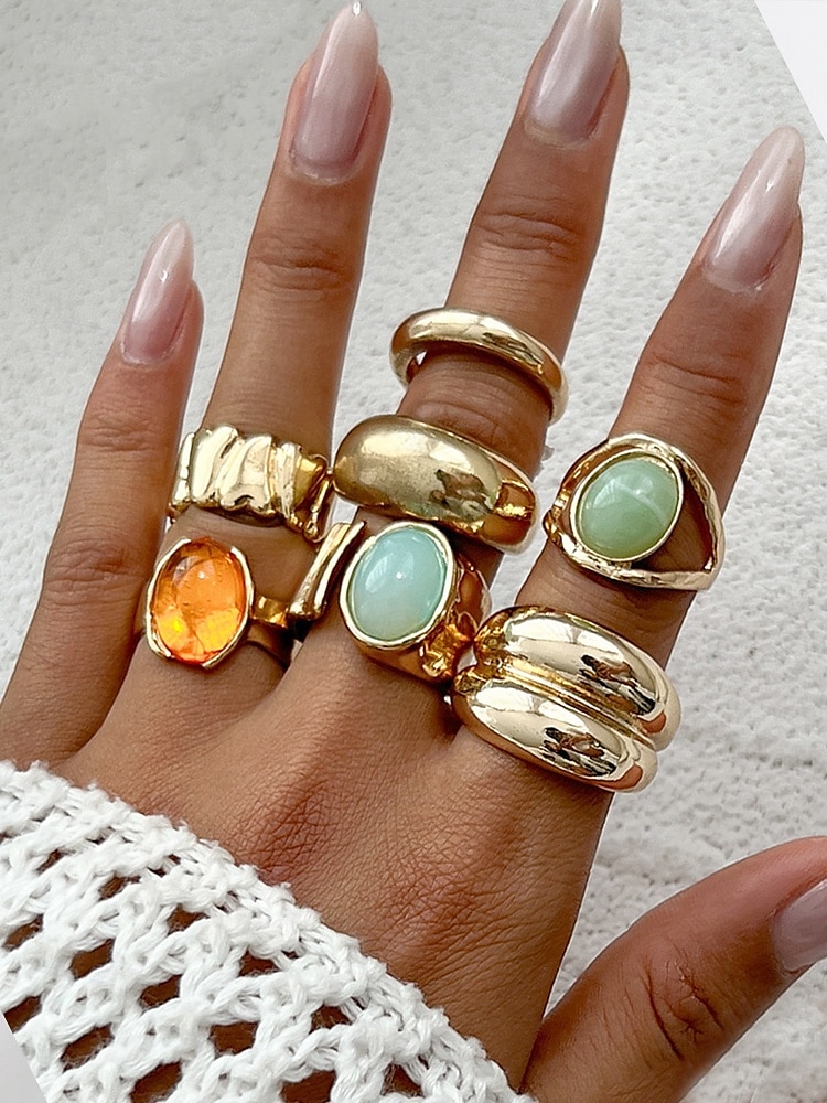 Damesett med vintage edelstener i gull – sett med flere statement-ringer med klumpete tekstur og fargerike harpiks-edelstener, egnet for kontor, vintage-mote, fest og hverdagsstil 2025 - $11.99 –P6