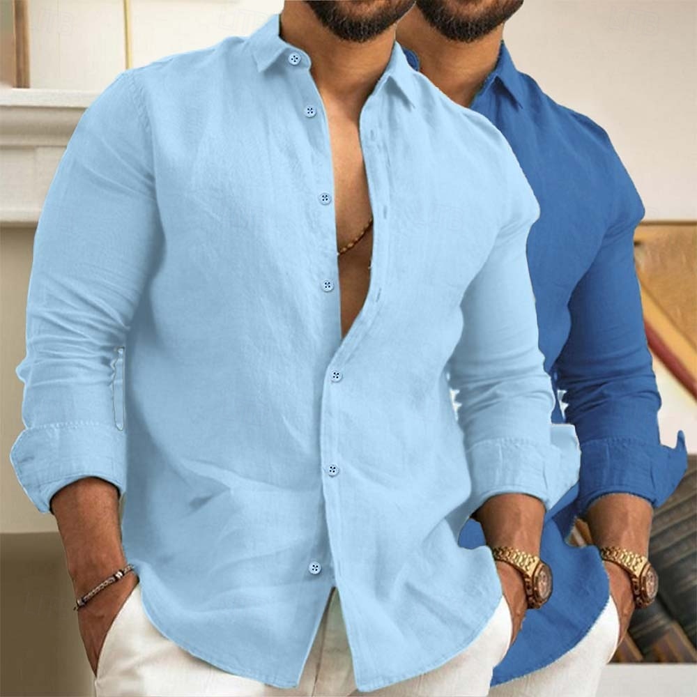 Men's Linen Shirt Summer Shirt Beach Wear Casual Shirt Button Up Shirt Plain Vacation Daily White+Green Green+Khaki Gray+Khaki Pink+Navy Blue Long Sleeve Lapel Summer Spring Clothing Apparel 2025 - $29.99 –P9