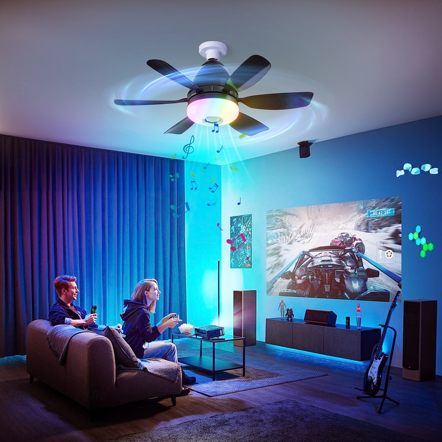 2025年 50cmのモダンなシーリングファンライト、6枚の羽根、リモコン付きRGBダイナミック照明、Bluetoothスピーカー、3段階の速度と色温度設定、子供部屋、ゲームルーム、パーティーの装飾に最適  コレクション – $73.99 –P8
