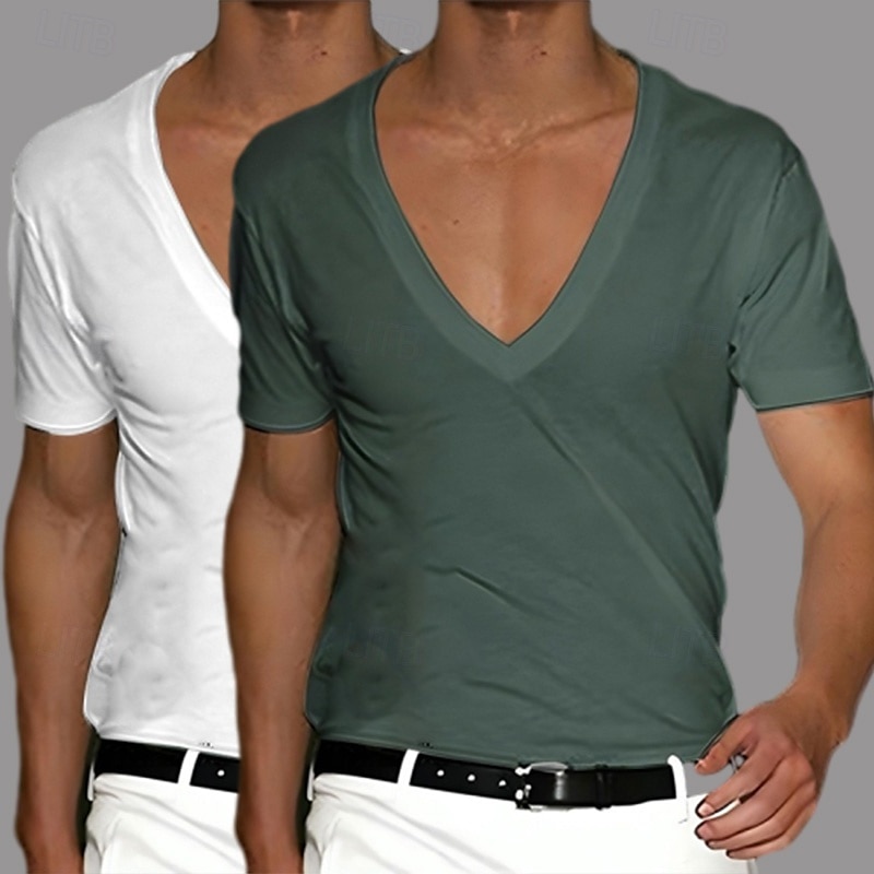 2 Stück Herren T-Shirt Tee Top Kurzarm Kurzarm V-Ausschnitt Sommer Frühling Unifarben Designer Basic Modern Zeitgenössisch Klassischer Stil Basic Urlaub Street Casual Schwarz Weiß Tee 2025 - $17.49 –P3