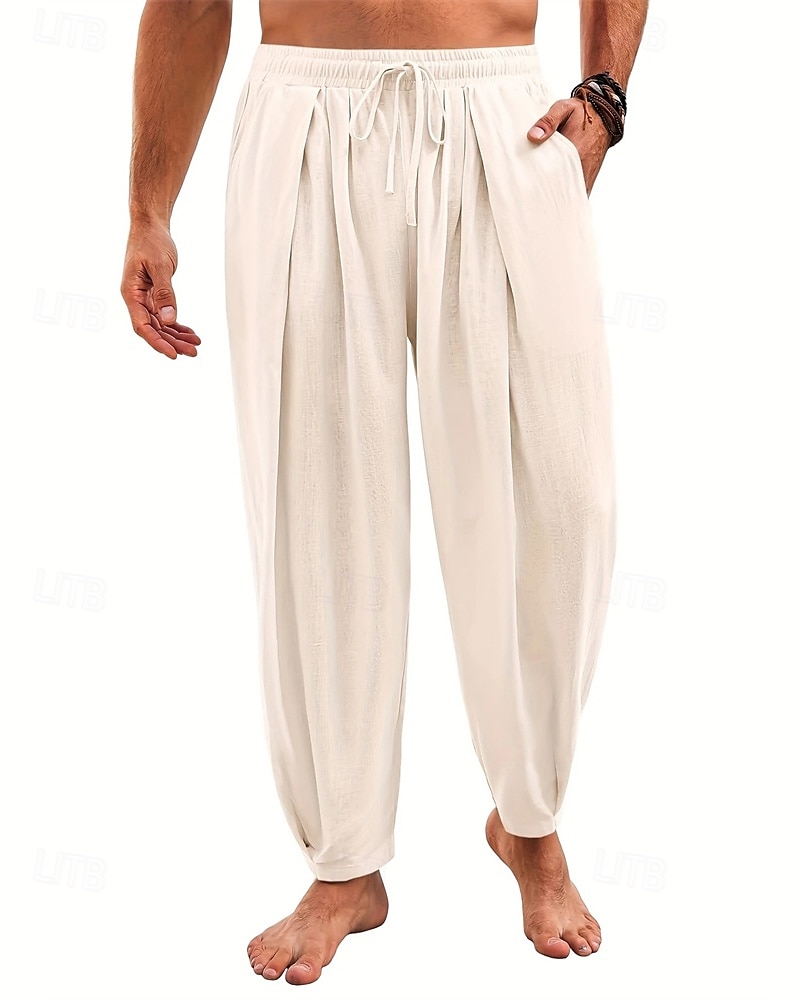 Men's Linen Pants Summer Pants Beach Pants Harem Pants Pocket Elastic Waist Drawstring Plain Comfort Breathable Calf-Length Vacation Daily Holiday Hawaiian Boho Black White 2025 - $18.99 –P8