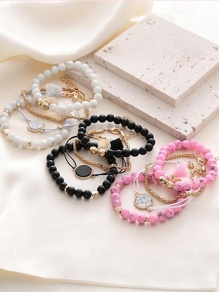 Set di braccialetti con perline di howlite da donna: stile boho a strati con ciondolo a forma di cuore, pendente in marmo e nappa per abbigliamento casual, outfit da spiaggia e regali del 2025 a $9.99 –P5