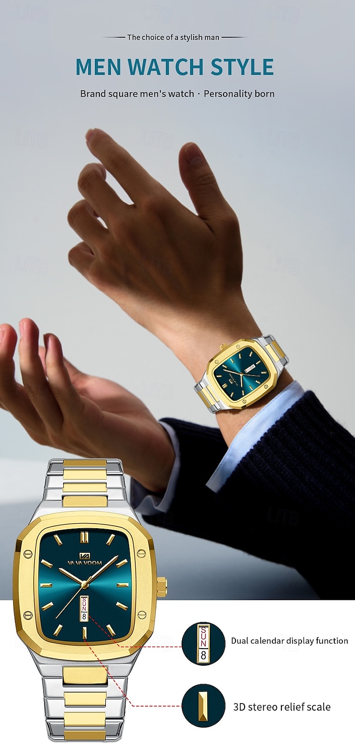 VA VA VOOM Top Brand Men Wrist Watches Luxury Waterproof Gold Black Silver Date Week Display Square Watch for Men Stainless Steel Watc 2025 - $26.99 –P1