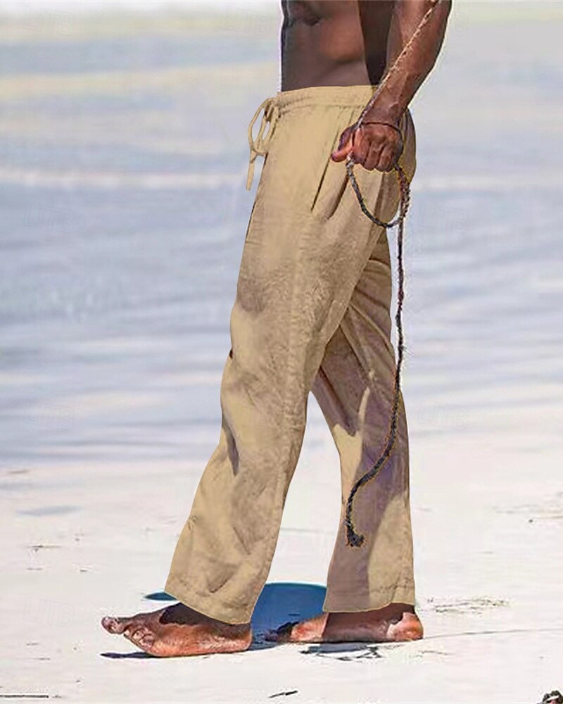 Herr Linne Byxor Långbyxor Sommarbyxor Strandbyxor Ficka Snörning Elastisk midja Slät Komfort Andningsfunktion Semester Dagligen Helgdag Hawaiisk Boho Svart Vit 2025 - $18.99 –P16
