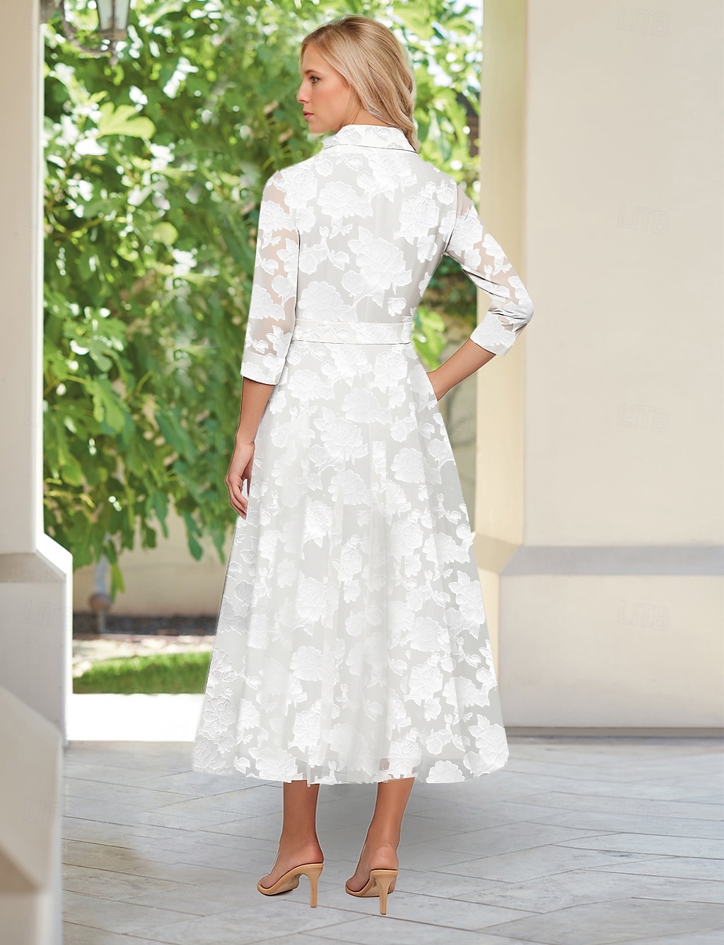 Abito Camicia in Pizzo Floreale A-Line Abito per la Madre della Sposa Elegante Semplice Minimalista Collo a V Collo Camicia Lunghezza Piena Pizzo Manica 3/4 con Fiocchi del 2025 a $139.99 –P3