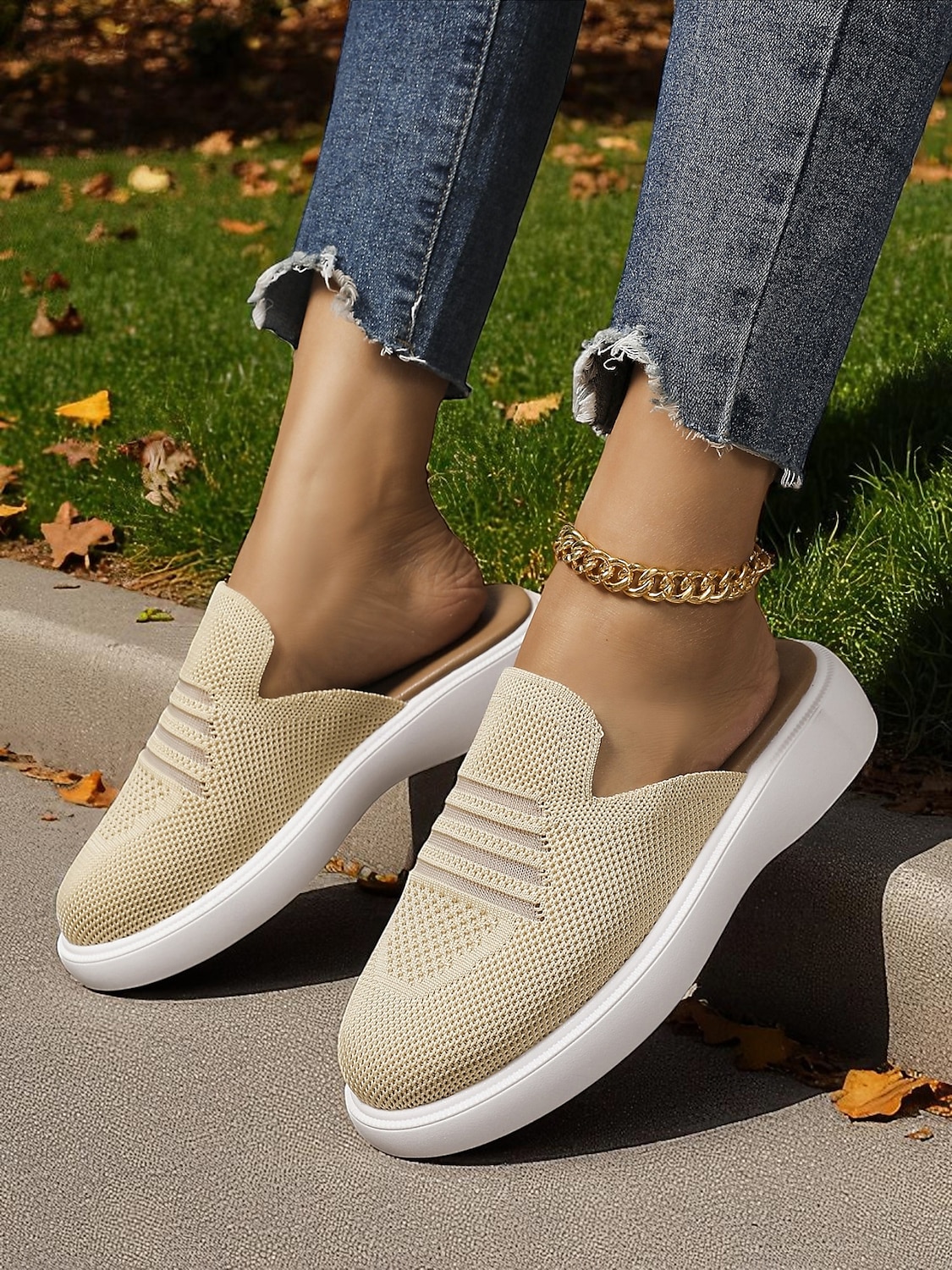 Women's Beige Flyknit Slip-On Mules– Lightweight Breathable Walking Shoes for Park Strolls, Travel & Autumn Errands 2025 - $24.99 –P3