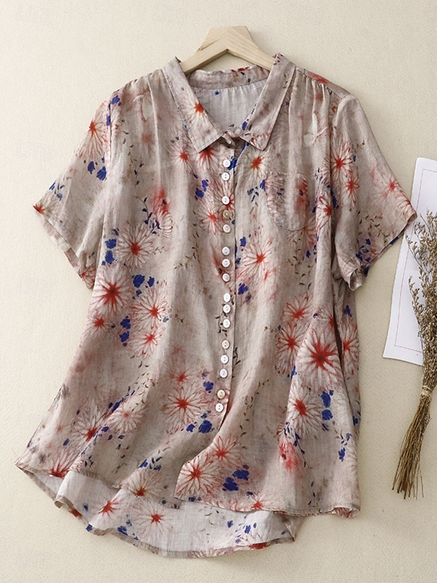 Pentru femei Cămașă Floral Casual Manșon scurt Guler Cămașă Topuri obișnuite Zilnic Nasturi Imprimeu Alb Roșu-aprins Trifoi Vară 2025 - $23.99 –P1