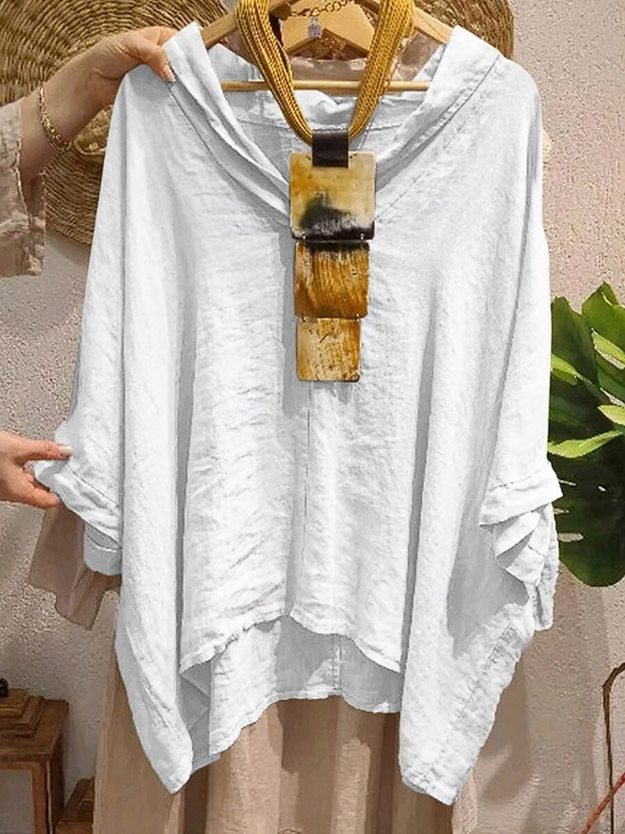 Femmes Chemises en coton et lin Couleur Unie Basique Occasionnel Manche 3/4 Col en V Hauts Longs Quotidien Noir Blanche Jaune Vert Véronèse bleu marine Été Printemps de 2025 ? $33.99 –P3