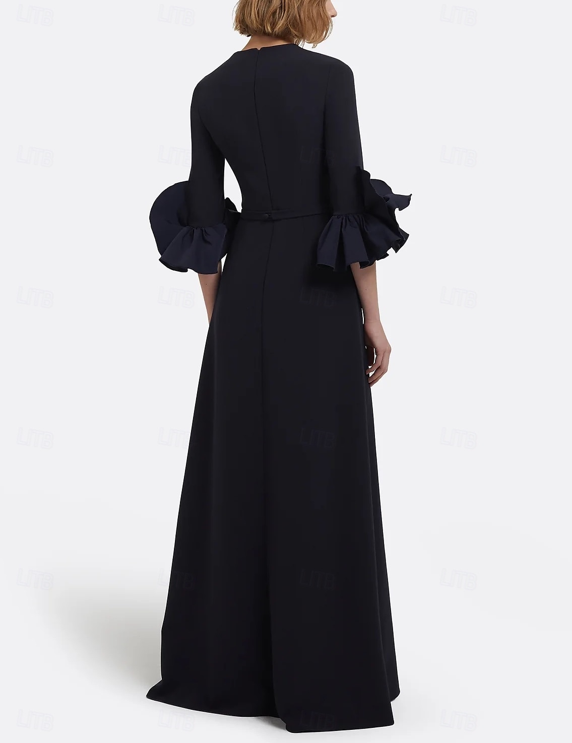 Abito da sera nero a trapezio, elegante, formale, da sposa, lungo fino al pavimento, manica lunga, scollo rotondo, in crêpe elasticizzata con pieghe, 2025 del 2025 a $139.99 –P2