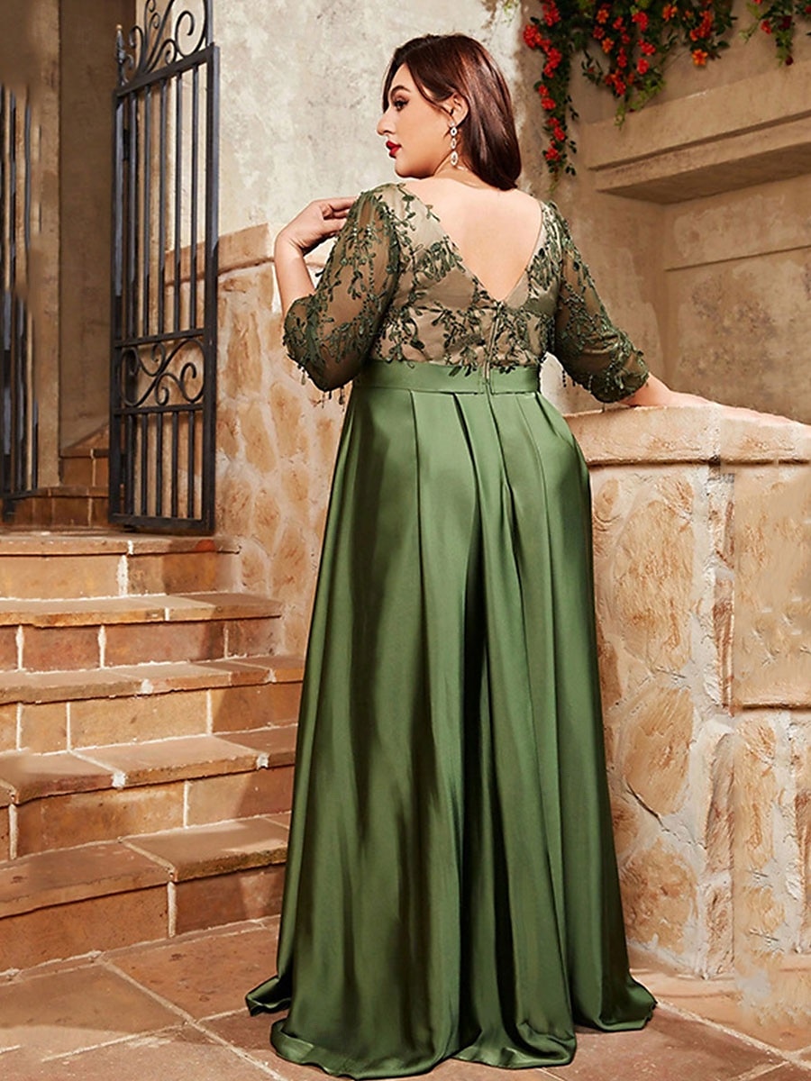 Abito da sera A-Line elegante abito formale da matrimonio lungo fino al pavimento maniche a 3/4 scollo a V satinato schiena a V con pieghe del 2025 a $129.99 –P4