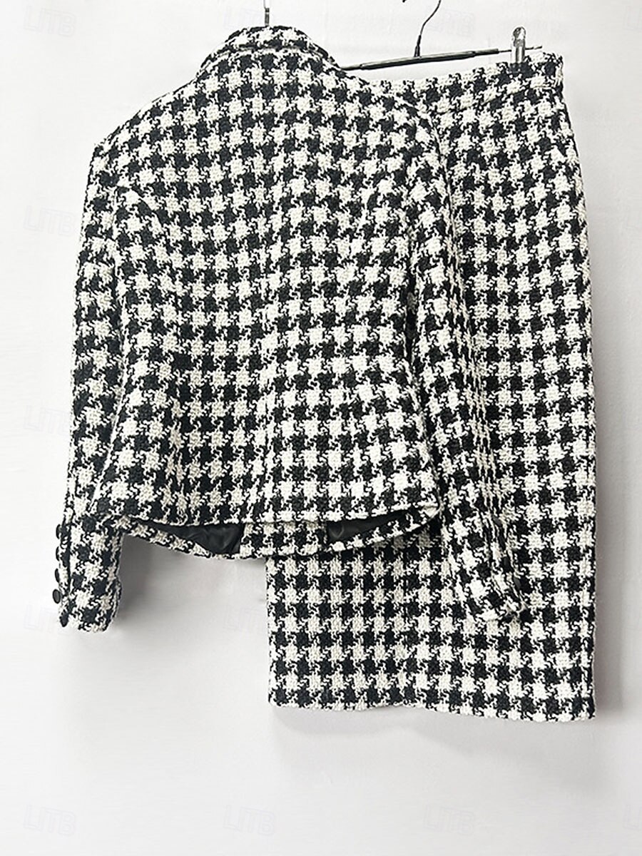 Houndstooth Klänning Set Mor till Bruden Klänning Elegant Enkel Krage Knälängd Dubbelknäppt Kavaj Lång ärm 2025 - $139.99 –P4