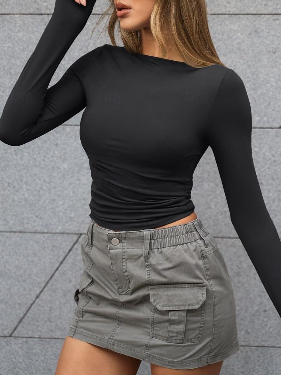 Femmes Hauts moulants Couleur Unie Élégant Occasionnel Y2K manche longue Col ras du cou Hauts courts Quotidien Fête Sortir Noir Blanche Rose Claire Marron Été Printemps de 2025 ? $17.99 –P3