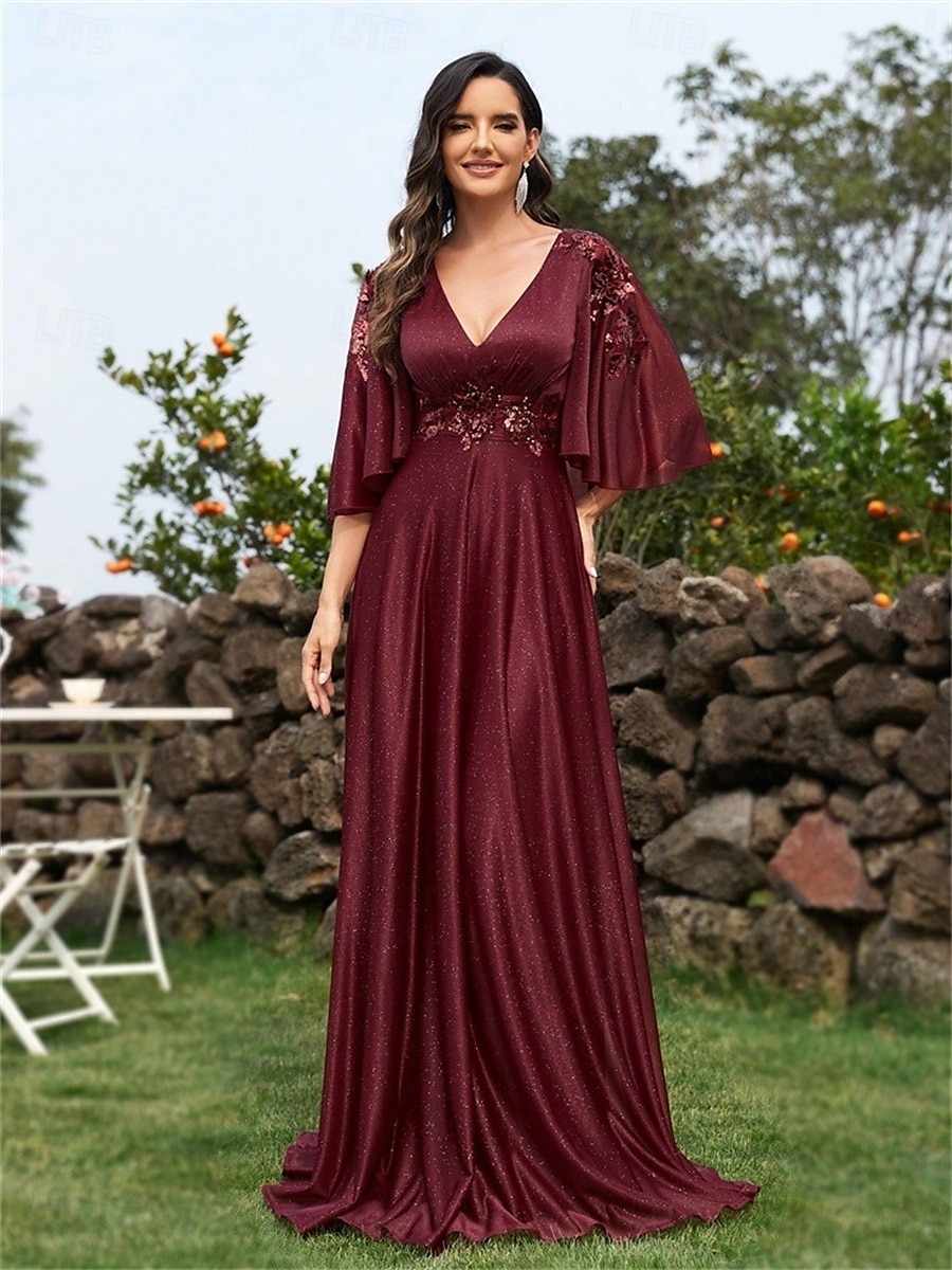 Robes de quinceanera en A élégante robe formelle mariage longueur au sol manches 3/4 en V chiffon dos en V avec plis de 2025 ? $99.99 –P7