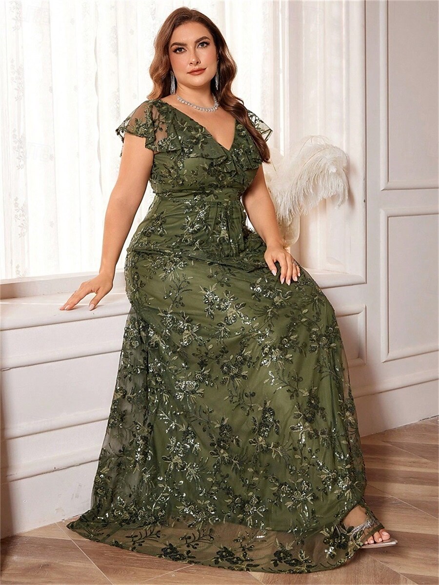 Robe A-Ligne Grande Taille Élégante Robe Courbée Formelle Mariage Longue Traîne Manches Courtes Décolleté en V en Polyester Dos V avec Sequins 2025 de 2025 ? $119.99 –P5