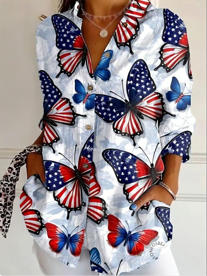 Independence Day Women's Patriotic Fourth of July Shirt Graphic Flag Vintage Tropical Stylish Long Sleeve Shirt Collar Regular Tops Work Daily Buttons Print Black White Red Light Blue Fall 2025 - $29.99 –P3