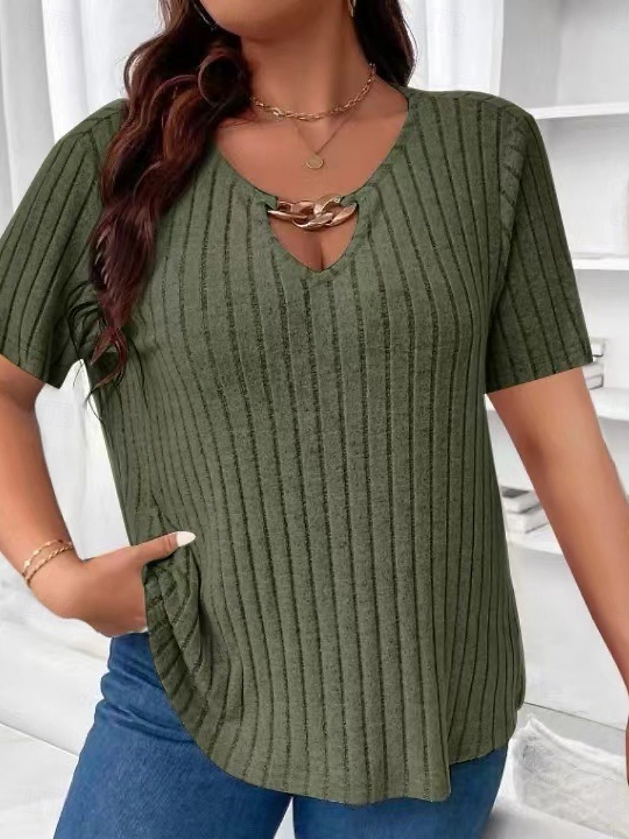 Pentru femei Plus Size Topuri Tricou Culoare solidă Peteci Manșon scurt În V Modă Șic Stradă Casual Zilnic Sfârșit de săptămână Împletit Vară Albastru regal Maro 2025 - $19.99 –P8