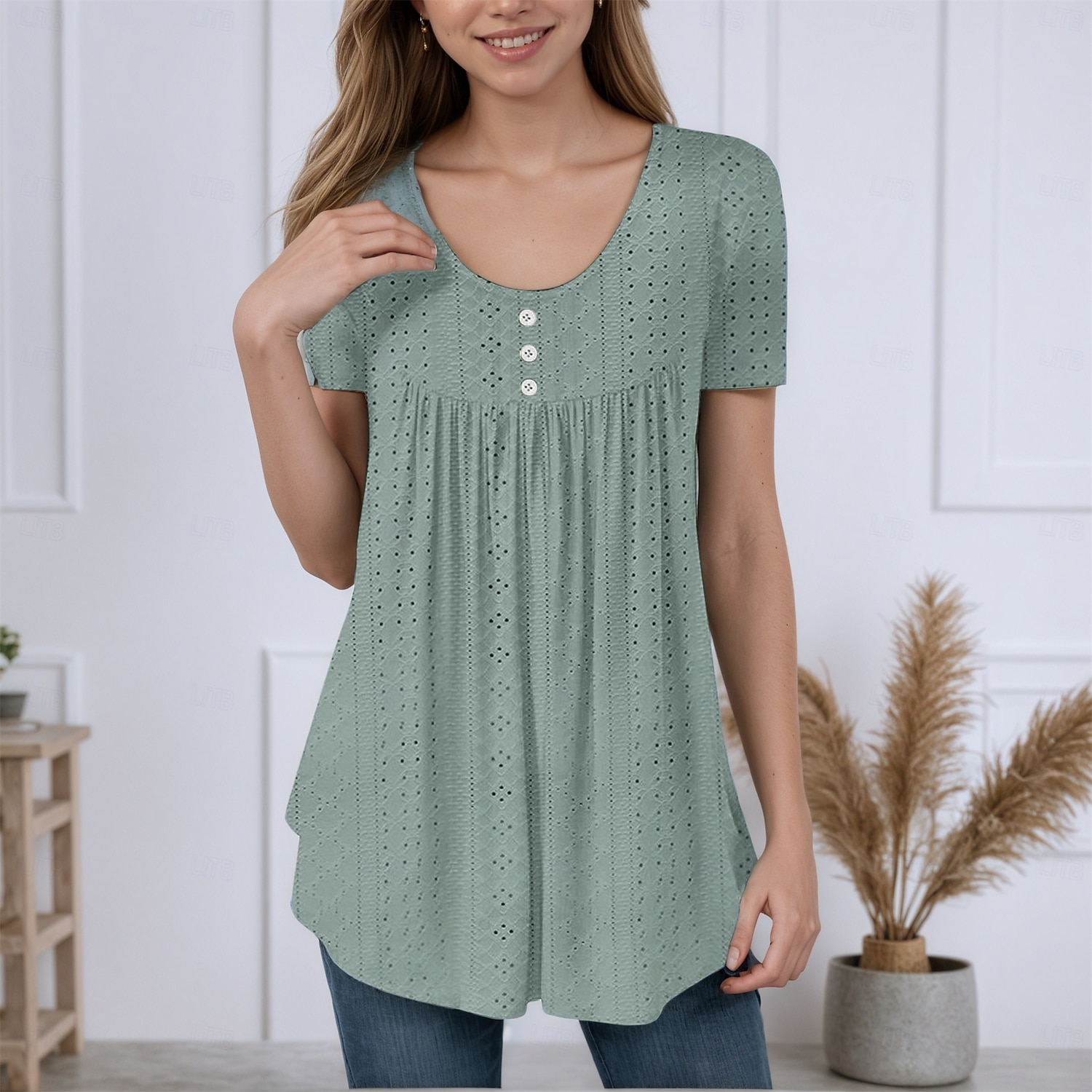 Women's Texture Blouse Eyelet Top Pointelle Tee Tunic Eyelet Buttons Asymmetrical Plain Stylish Casual Short Sleeve Crew Neck Long Tops Casual Daily Beach White Pink Purple Green Light Blue Summer 2026 - $25.99 –P5