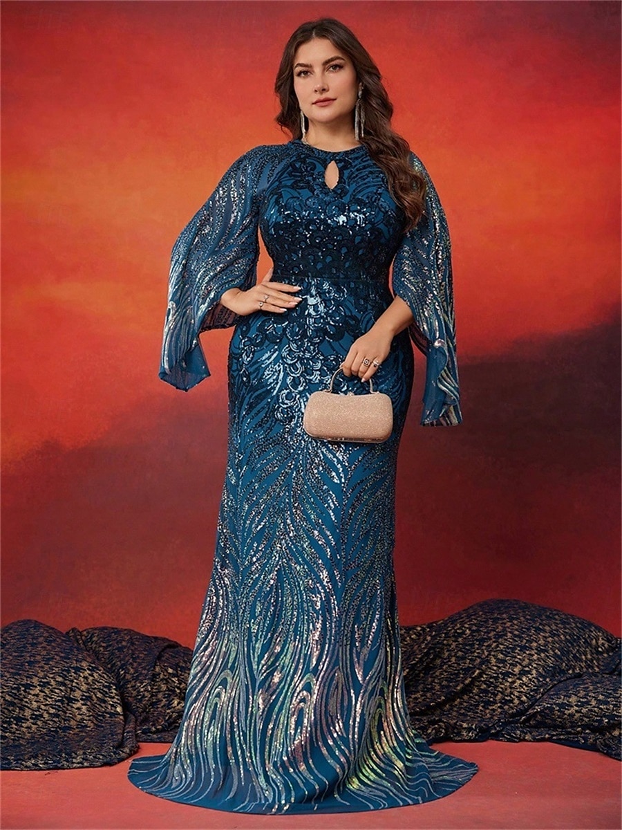 Robe Sirène  Trompette Grande Taille Élégante Robe Courbée Formelle Mariage Longue Traîne Manches Longues Col Arrondi en Polyester avec Fente 2025 de 2025 ? $149.99 –P5