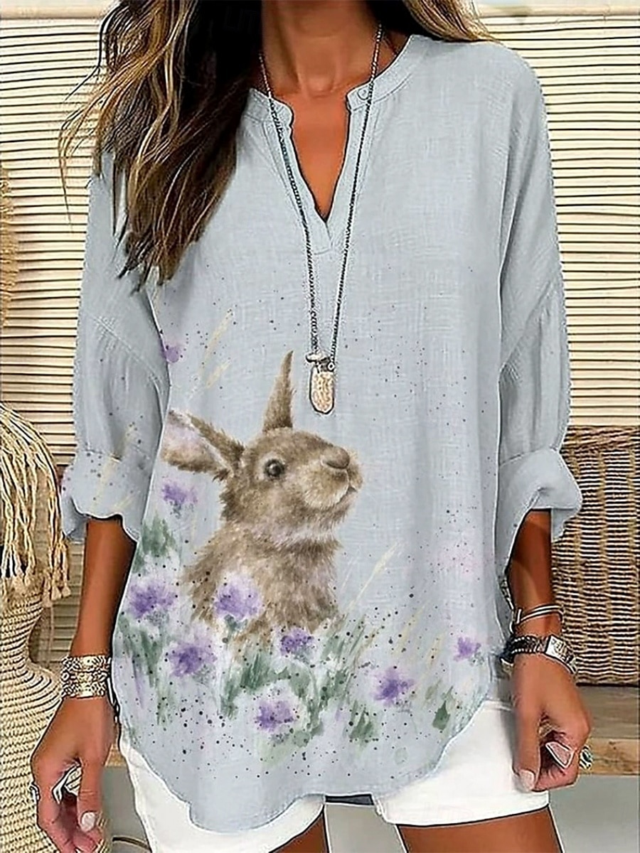 Dame Bluse Grafisk Dyr Dragonfly Bohem Årgang Tropisk Langermet V-hals Vanlige topper Daglig Ferie Strand Klær Trykt mønster Navyblå Dusty Blue lysegrå Beige Sommer Vår 2025 - $19.99 –P1