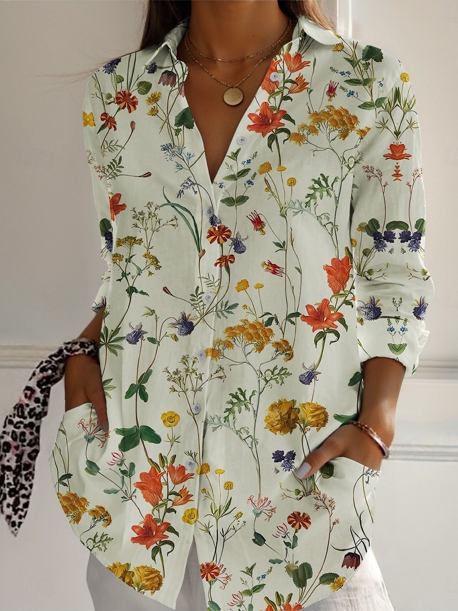 Dames Overhemd Bloemig Actief Dagelijks Stijlvol Lange mouw Overhemdkraag Normale tops Dagelijks Feestdagen Knop Afdrukken Wit Blozend Roze Marineblauw blauw Groen Lente Herfst 2025 - $25.99 –P4