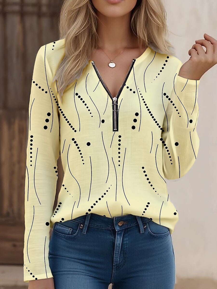 Femmes T-shirt Graphique À pois Élégant ancien Classique manche longue Col en V Hauts Réguliers Quotidien Week-end Fermeture éclair Imprimé Blanche Jaune Bleu Violet Été Printemps de 2025 ? $27.99 –P4