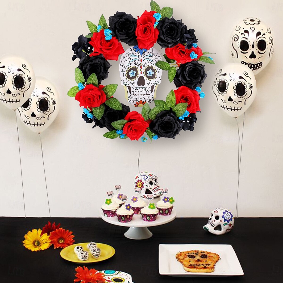 guirlandas de halloween para decoração de portas da frente internas e externas, guirlanda de rosas vermelhas e pretas do dia dos mortos com placa de caveira para decoração de janelas e paredes de 2025 por $29.99 –P4
