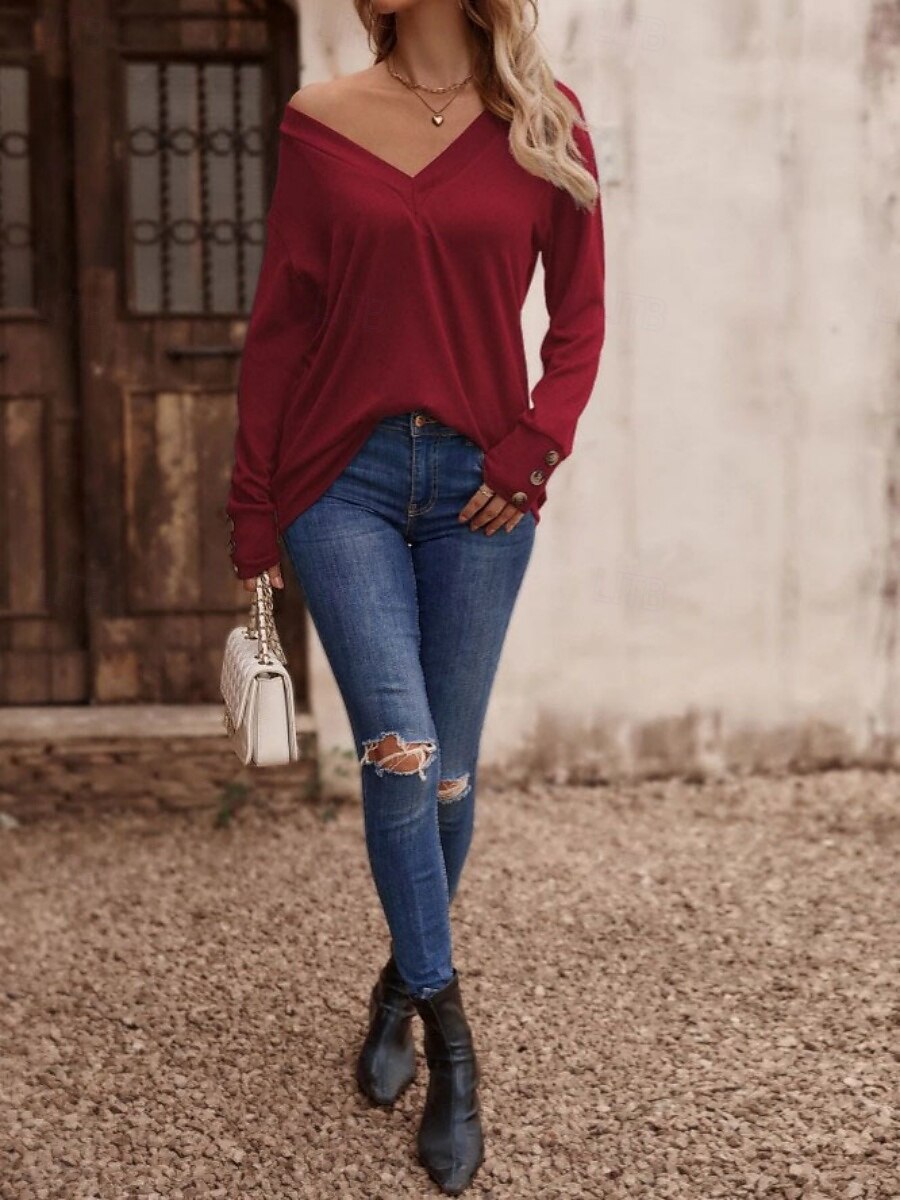 Dame Bluse Helfarge Stilfull Fritid Langermet V-hals Vanlige topper Daglig Knapper Svart Hvit Vin Militærgrønn Navyblå Sommer Vår 2025 - $18.99 –P6