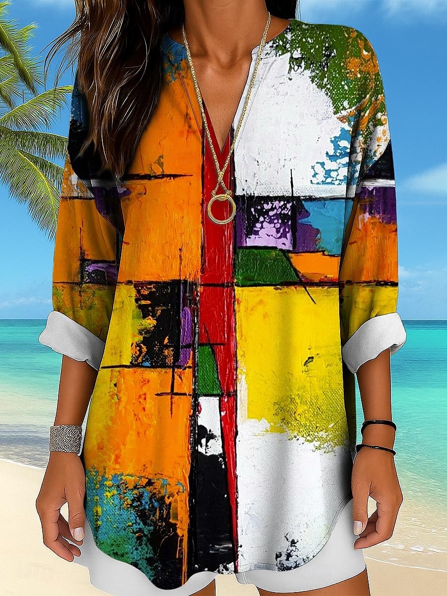 Femmes Chemisier Graphique Géométrique Abstrait ancien Tropical Hawaïen manche longue Col en V Hauts Réguliers Quotidien Fête Tenue de plage Imprimé Jaune Rouge Bleu Violet Vert Été Printemps de 2025 ? $19.99 –P1