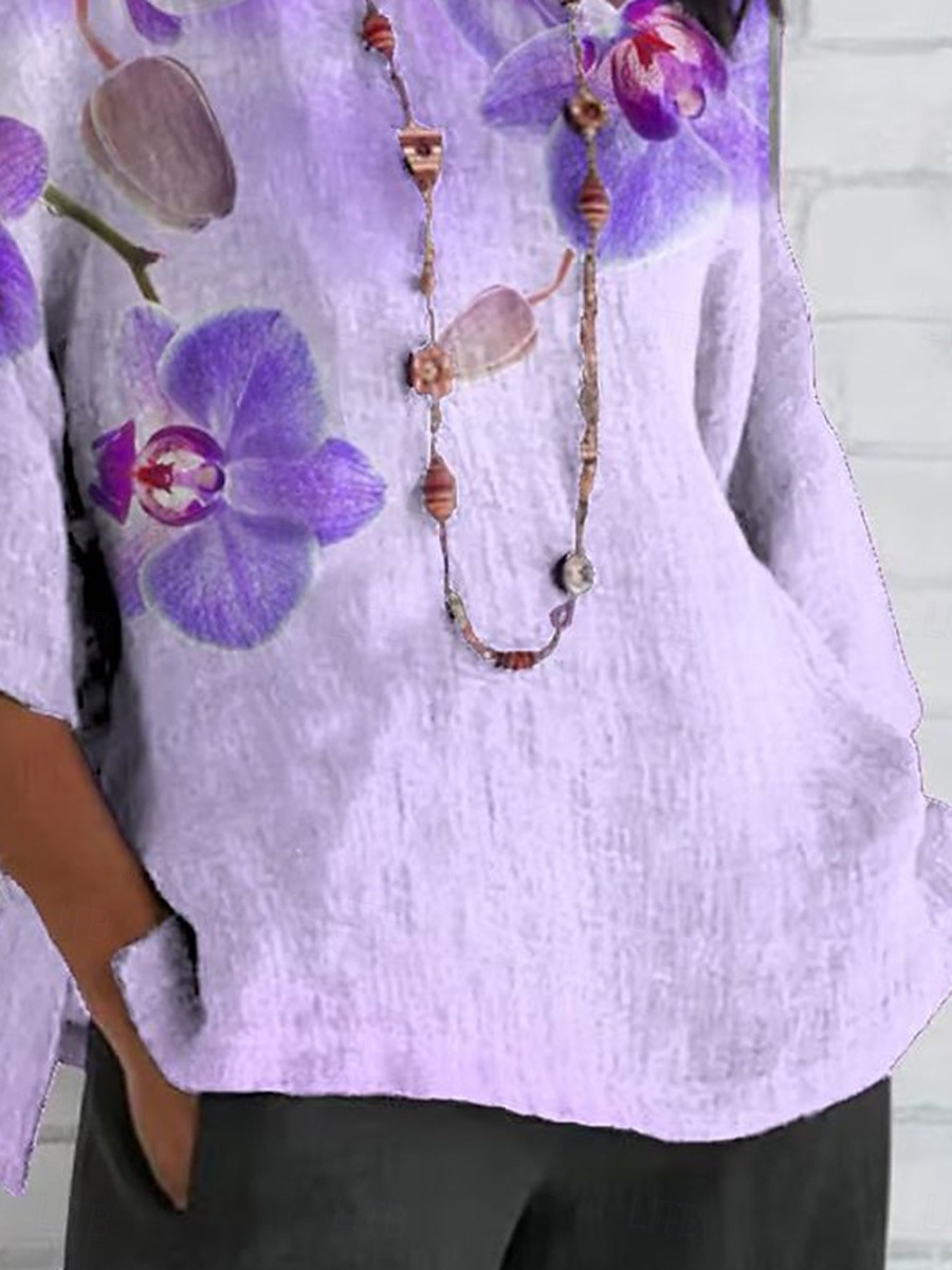 Dame Bluse Blomstret Grafisk Bohem Daglig Etnisk 3/4 ermer Crew-hals Vanlige topper Daglig Ferie Ferieklær Trykt mønster Lilla Sommer Vår 2025 - $27.99 –P3