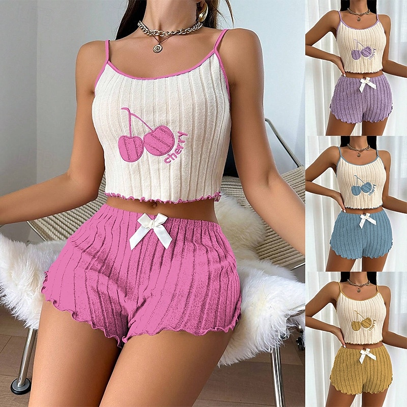 Dame Pyjamas Sett Fritid Komfort Kirsebær Elastisk midje Stropp Topp Shorts Hjem Daglig Ermeløs stropper Gul Rosa Blå Lilla Sommer Normal 2025 - $13.99 –P1