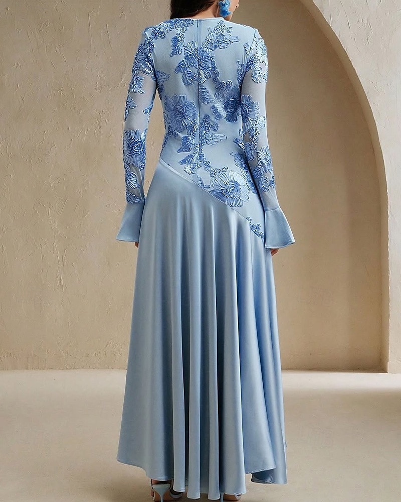 Blauer Bogen Spitze A-Linie Abendkleid Elegantes Kleid Formelles Hochzeitskleid Bodenlang Lange Ärmel Rundhals Stretchmaterial 2025 - $135.99 –P4