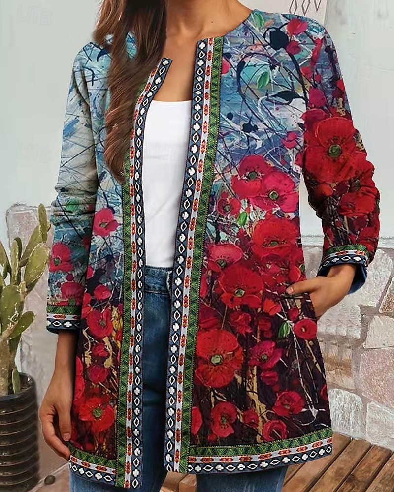 Damen Freizeitjacke Warm Bequem Tasche Mode Modern Blumen Straße Ausgehen Regulär Kragenlos Normale Passform Langarm Oberbekleidung Rote Purpur Orange Herbst Winter 2025 - $25.99 –P2